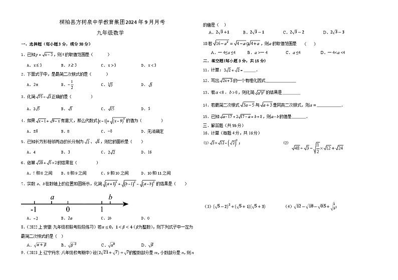 河南省南阳市桐柏县方树泉中学2024-2025学年九年级上学期9月月考数学试题01