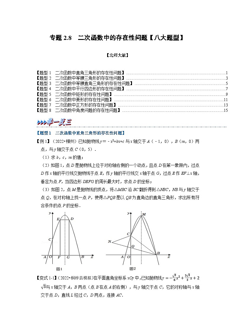 北师大版九年级数学下册2.8二次函数中的存在性问题【八大题型】同步练习(学生版+解析)第1页