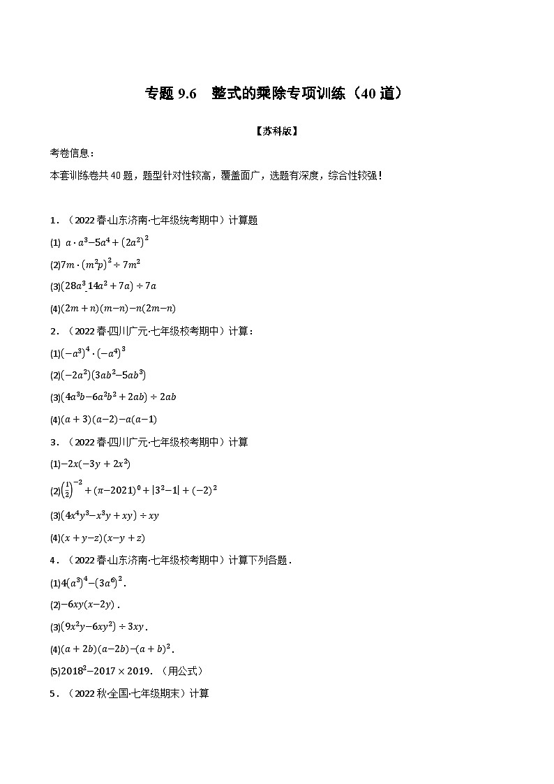 苏科版七年级数学下册举一反三系列9.6整式的乘除专项训练(40道)同步练习(学生版+解析)第1页