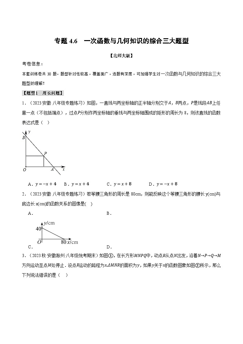 北师大版八年级数学上册专题4.6一次函数与几何知识的综合三大题型同步练习(学生版+解析)第1页