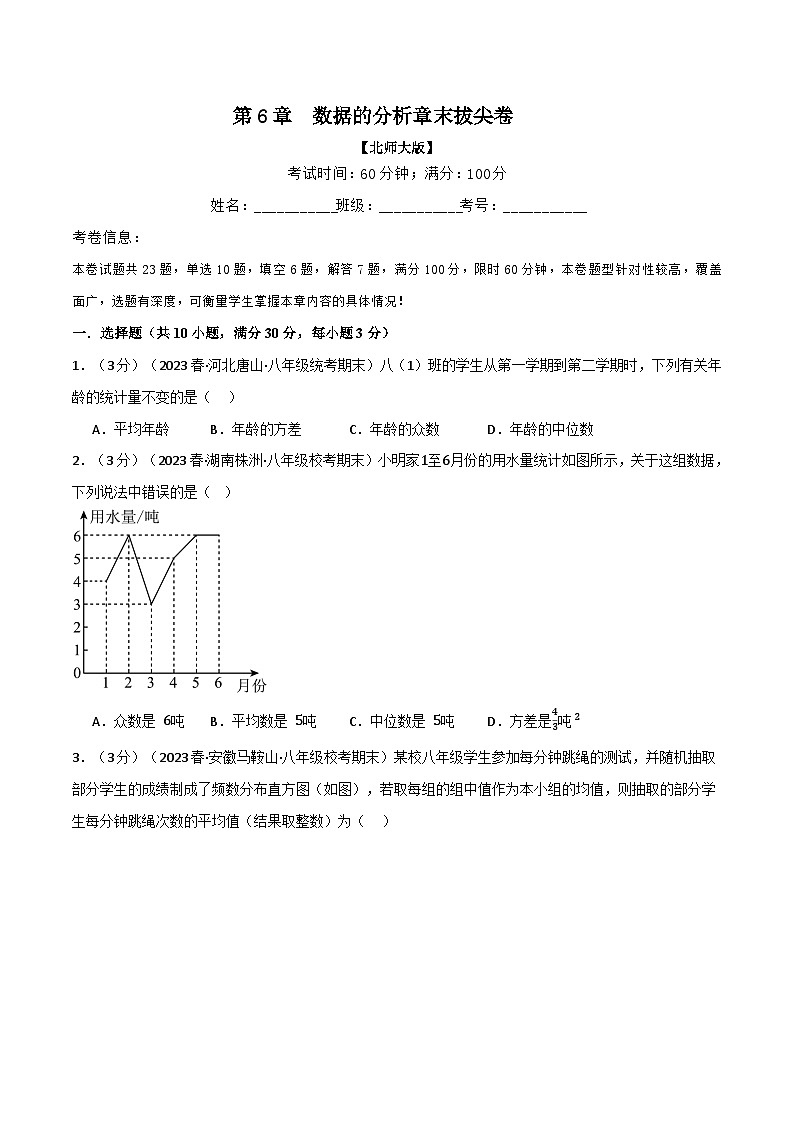 北师大版八年级数学上册专题6.2数据的分析章末拔尖卷同步练习(学生版+解析)第1页