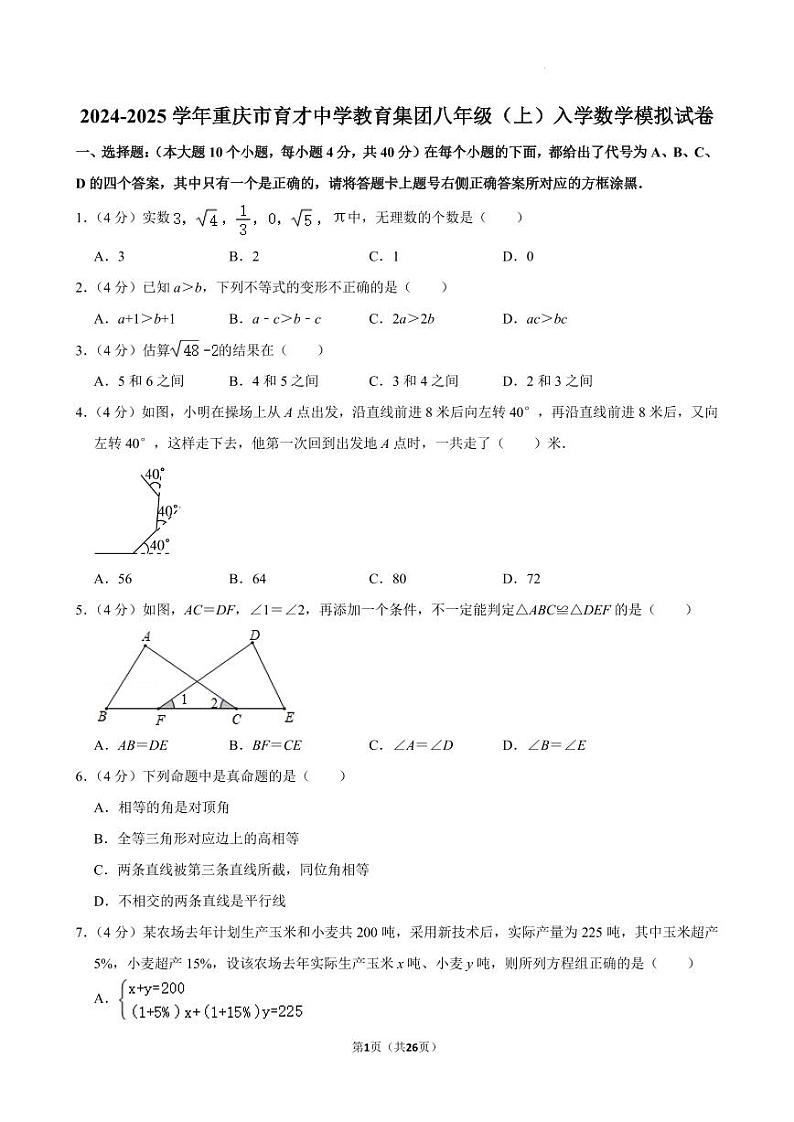 重庆育才中学教育集团2024-2025学年上学期八年级入学数学模拟试卷+答案第1页