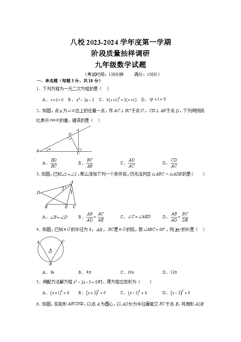 江苏省泰州市靖江市八校联考2024届九年级上学期12月月考数学试卷(含答案)01