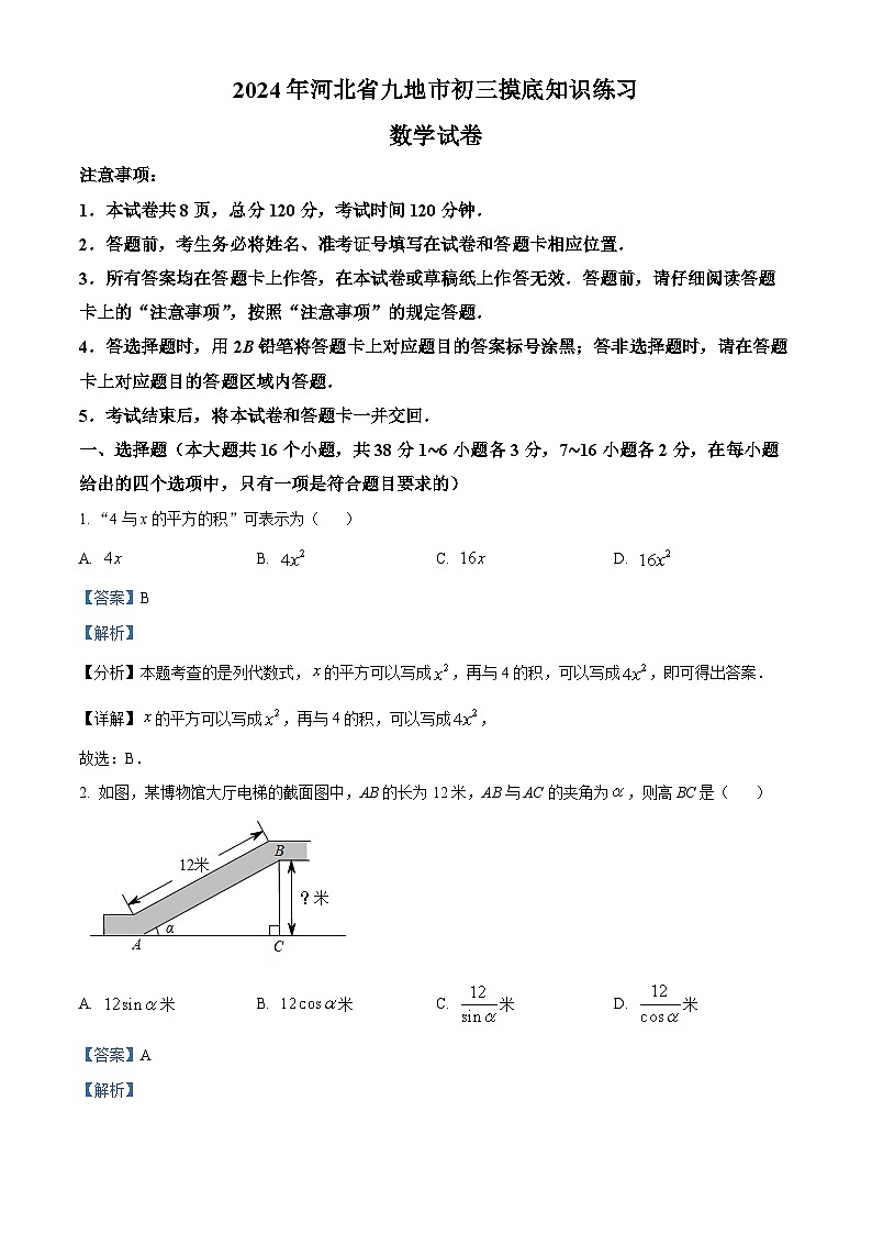 2024年河北省九地市中考数学模拟联考试题（解析版）01