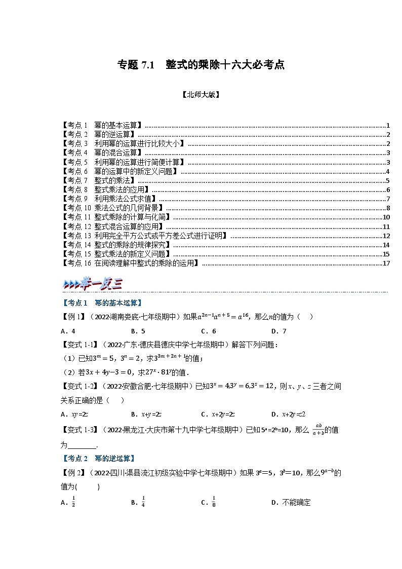 北师大版七年级数学下册举一反三系列7.1期中期末专项复习之整式的乘除十六大必考点同步学案(学生版+解析)01