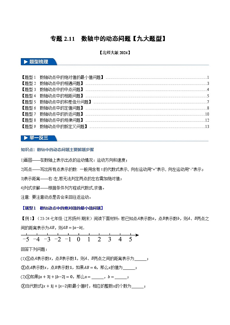 北师大版(2024)2024-2025学七年级数学上册突破提升专题2.11数轴中的动态问题【九大题型】学案(学生版+解析)第1页