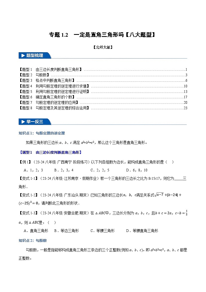 北师大版2024-2025学年九年级数学上册强化提分系列专题1.2一定是直角三角形吗【八大题型】学案(学生版+解析)01