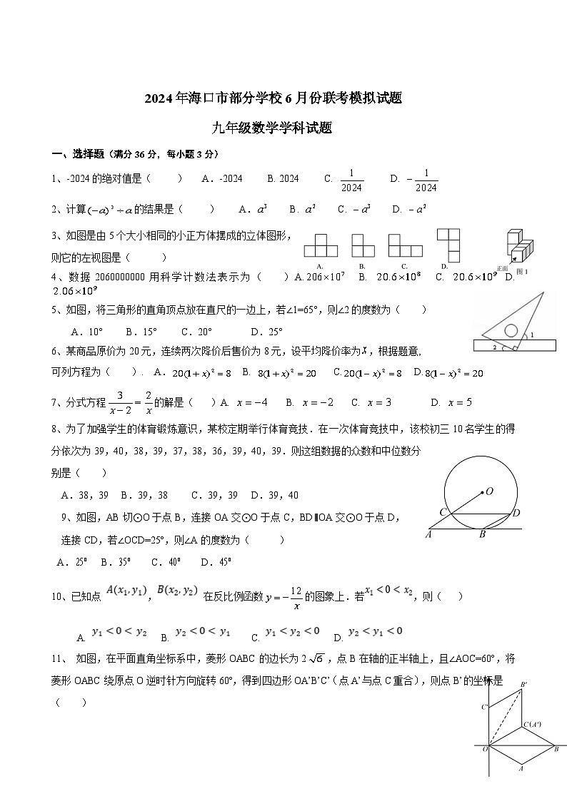 海南省海口市部分学校联考2024届九年级下学期6月中考模拟考试数学试卷(含答案)01