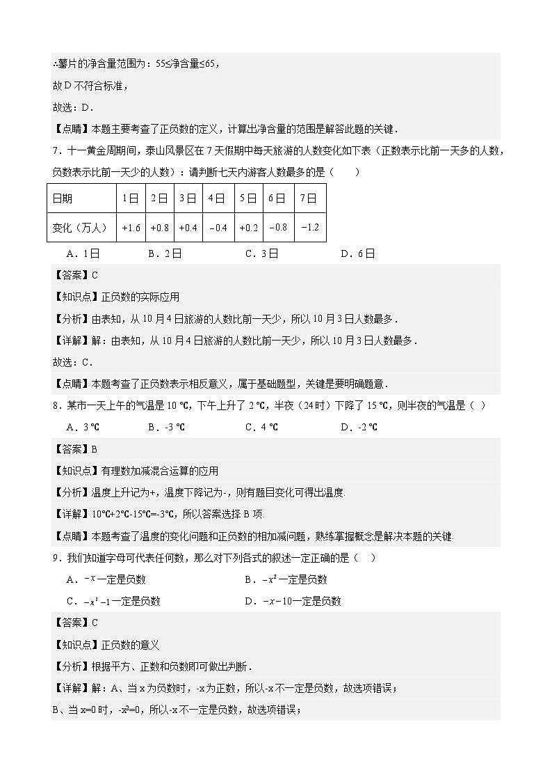 1.1 正数与负数 练习卷（原卷+解析+打印版） 新教材 2024-2025学年度七年级数学上册（人教版）03