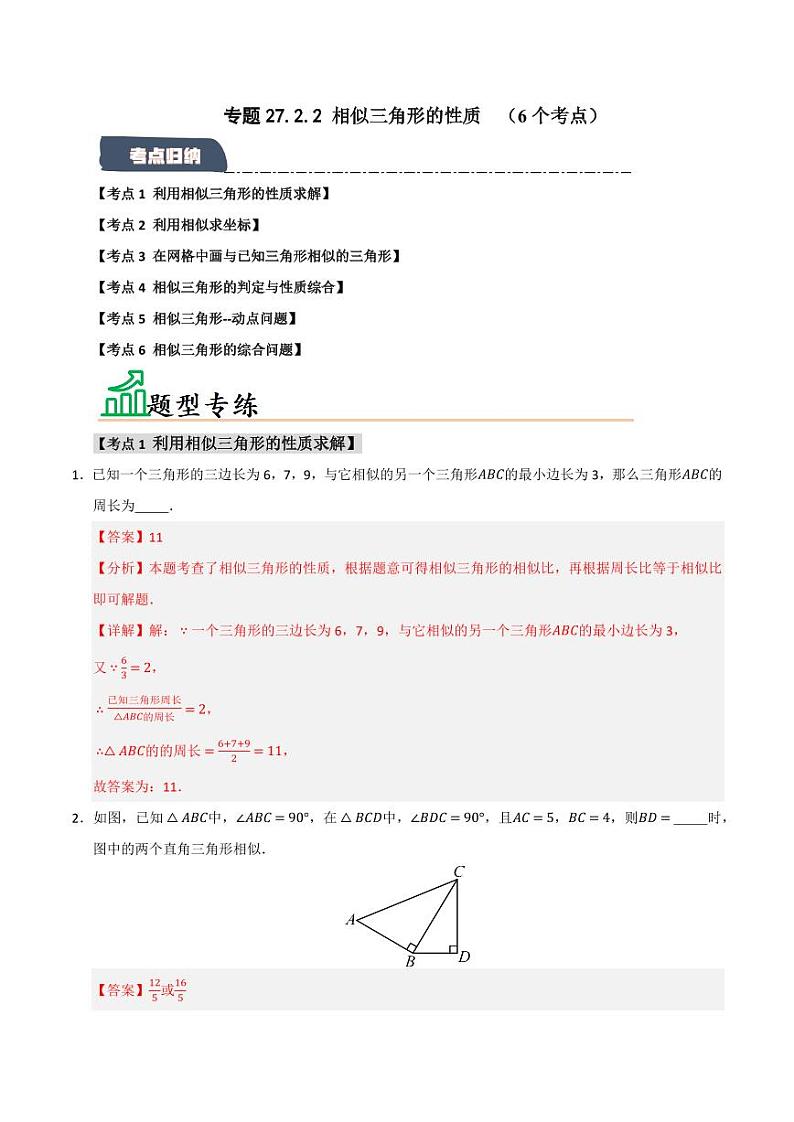 专题27.2.2 相似三角形的性质 （6个考点）（题型专练+易错精练）（含答案） 2024-2025学年九年级数学下册《知识解读·题型专练》（人教版）01