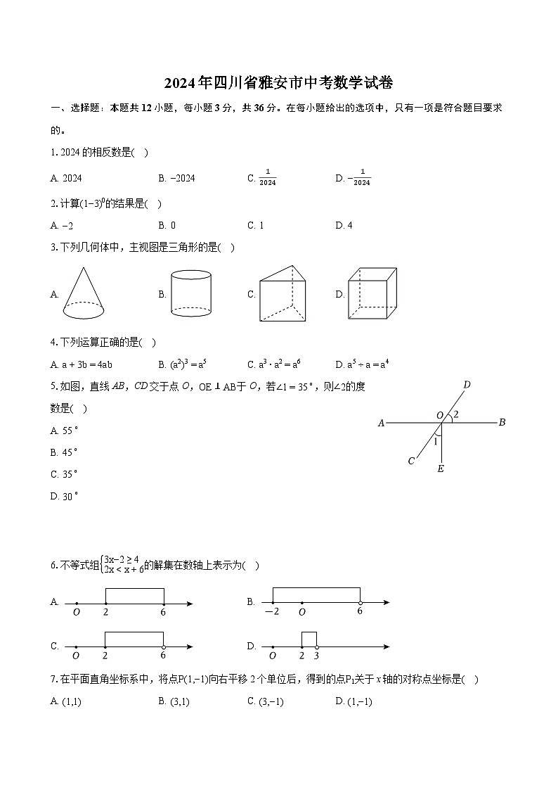 2024年四川省雅安市中考数学试卷（含详细答案解析）01