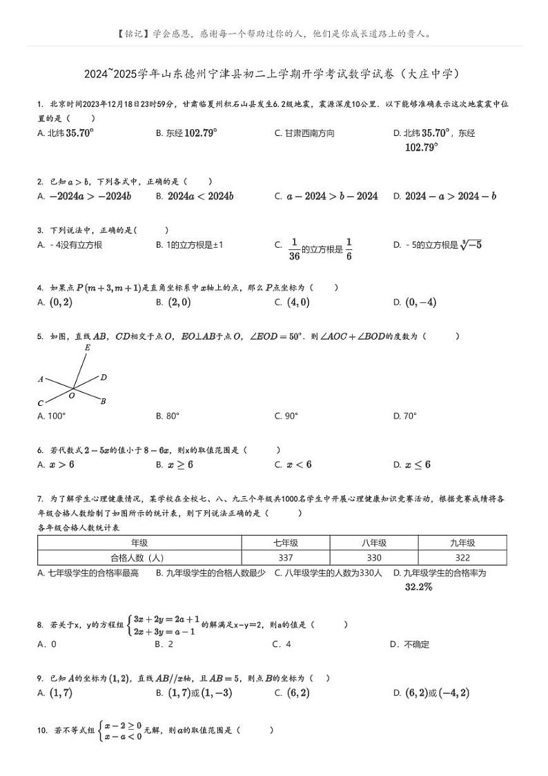 [数学]2024～2025学年山东德州宁津县初二上学期开学考试数学试卷(大庄中学)原题版第1页