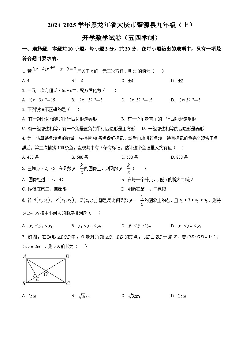 黑龙江省大庆市肇源县2024-2025学年九年级上学期开学数学试题（五四制）（原卷版）第1页