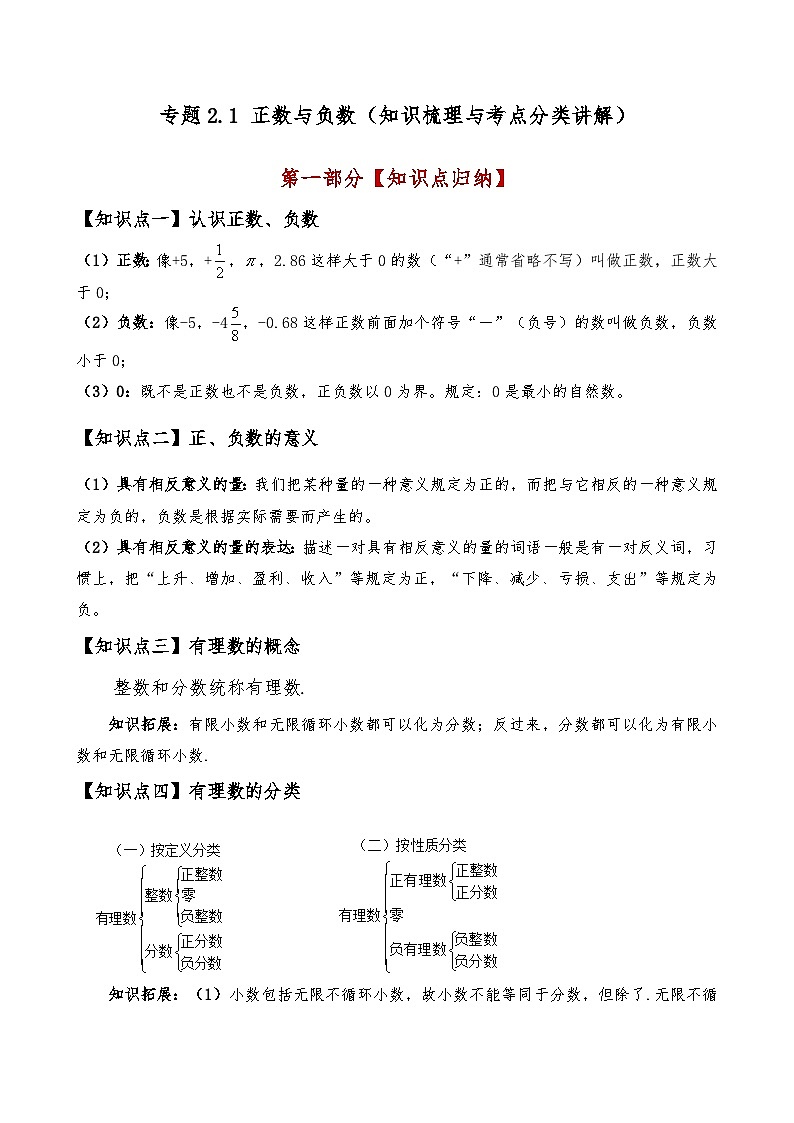 苏科版2024-2025学年七年级数学上册专练习2.1正数与负数(知识梳理与考点分类讲解)(学生版+解析)第1页