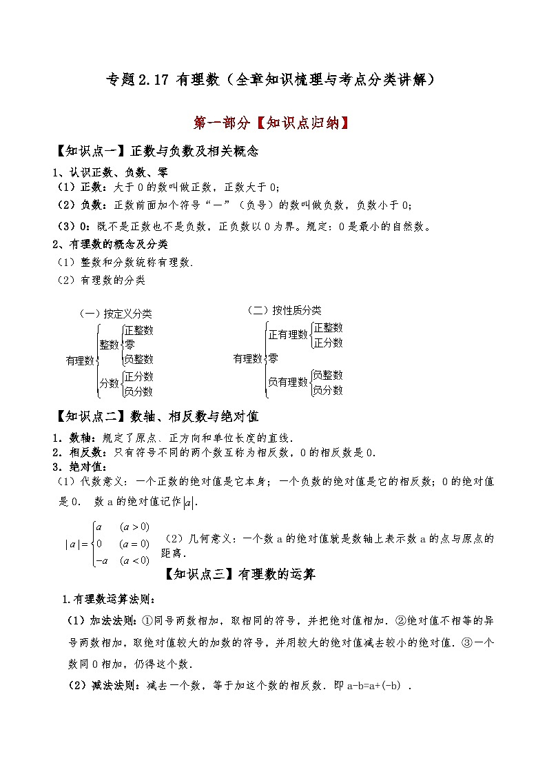 苏科版2024-2025学年七年级数学上册专练习2.17有理数(全章知识梳理与考点分类讲解)(学生版+解析)01