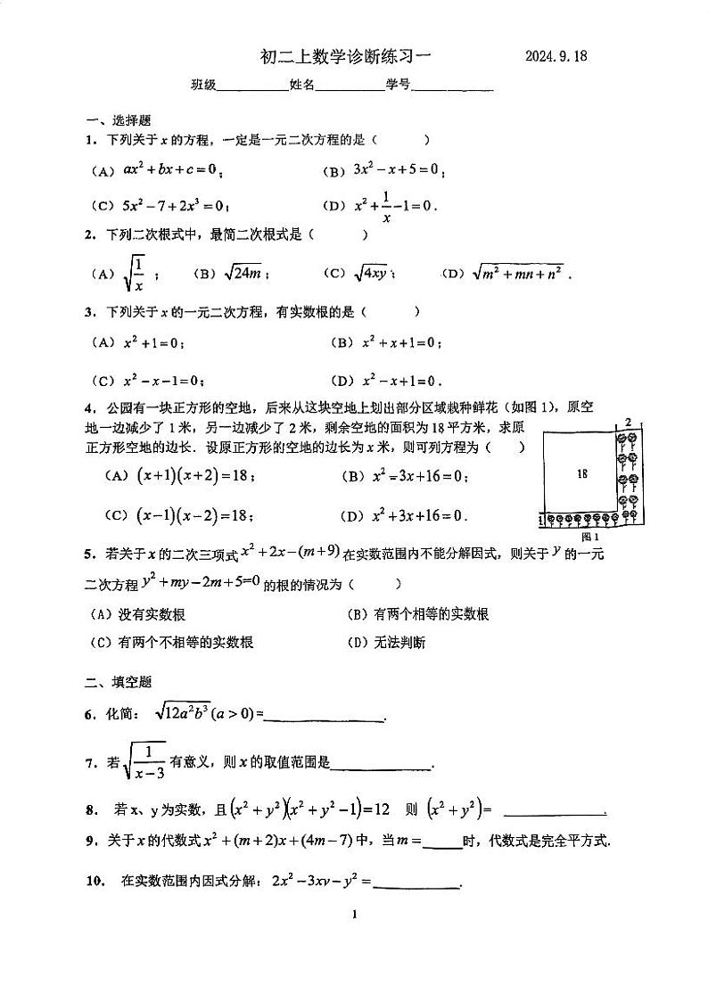 上海市西南模范初级中学2024-2025学年八年级上学期9月诊断练习数学试题01