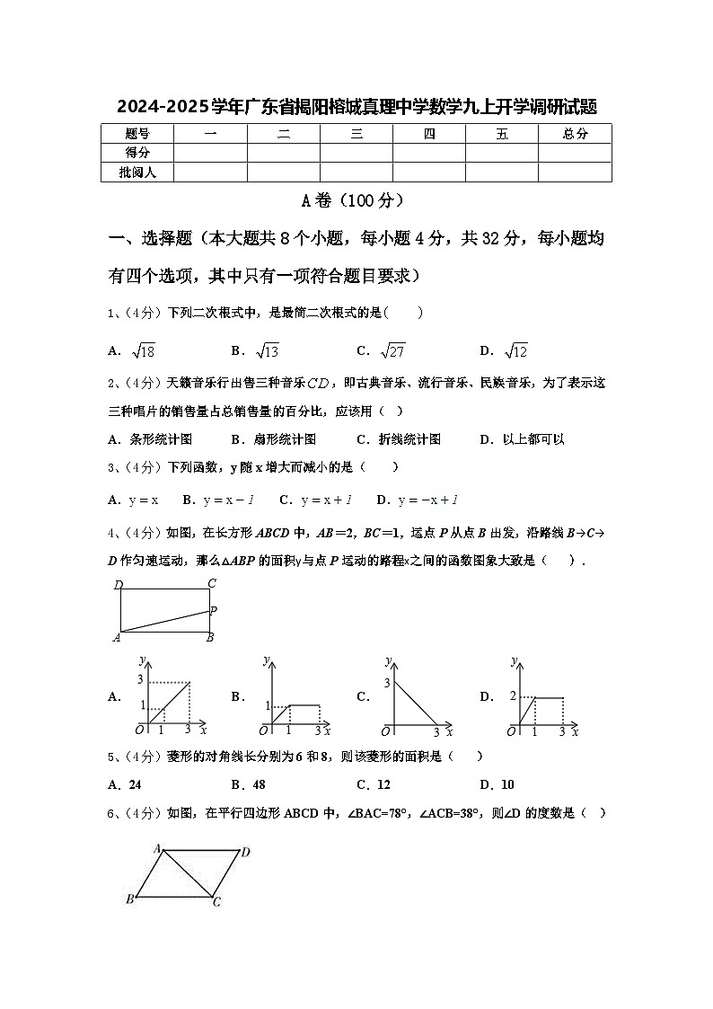 2024-2025学年广东省揭阳榕城真理中学数学九上开学调研试题【含答案】第1页