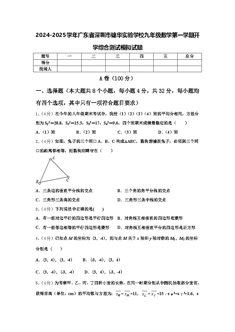2024-2025学年广东省深圳市锦华实验学校九年级数学第一学期开学综合测试模拟试题【含答案】第1页