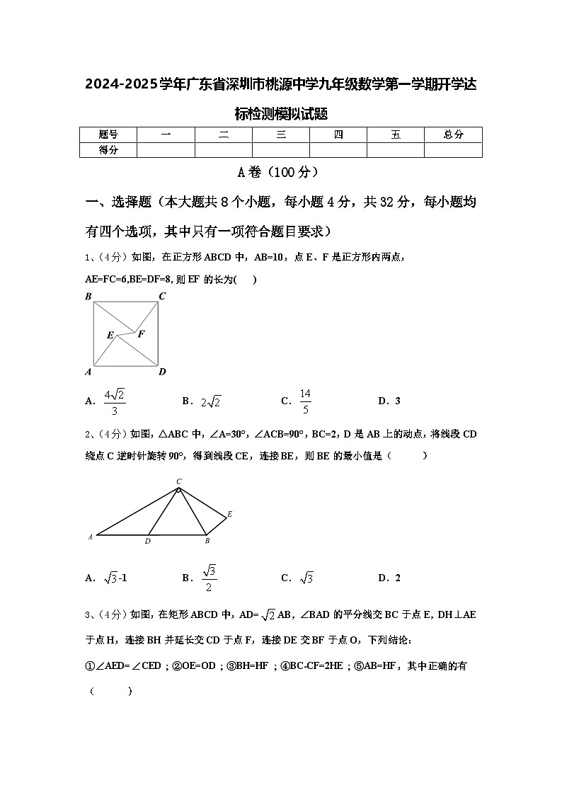 2024-2025学年广东省深圳市桃源中学九年级数学第一学期开学达标检测模拟试题【含答案】第1页
