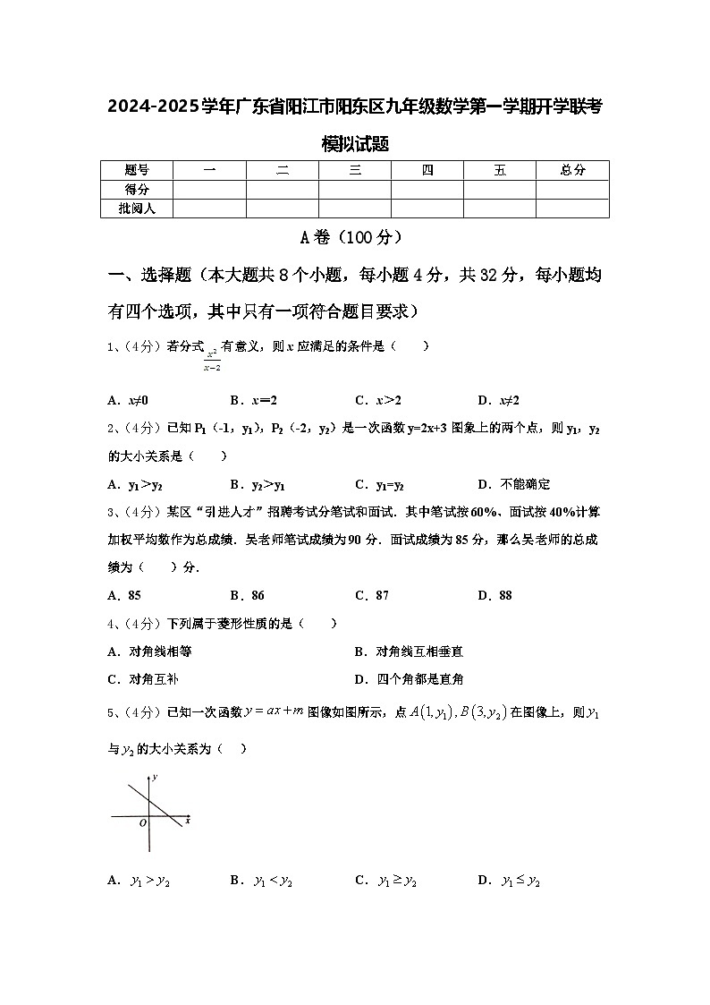2024-2025学年广东省阳江市阳东区九年级数学第一学期开学联考模拟试题【含答案】第1页