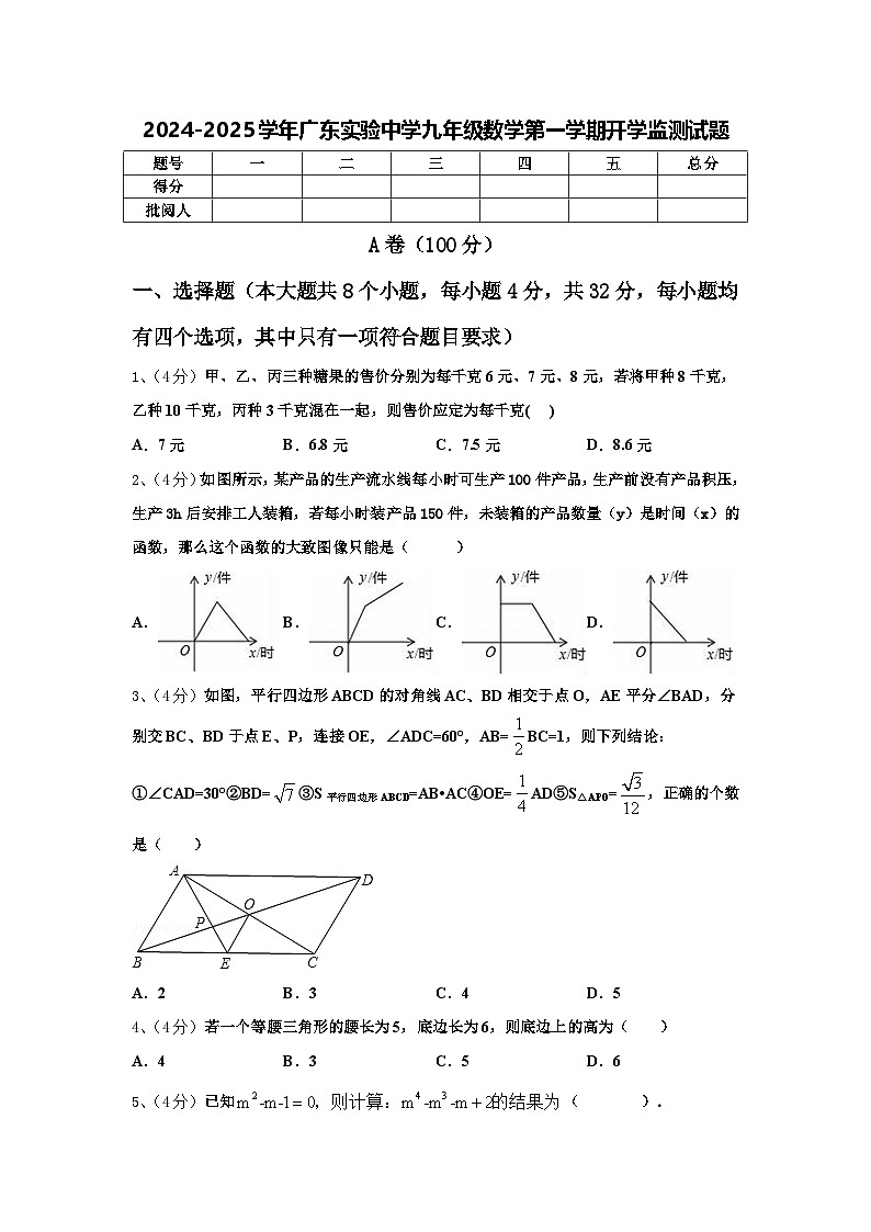 2024-2025学年广东实验中学九年级数学第一学期开学监测试题【含答案】01