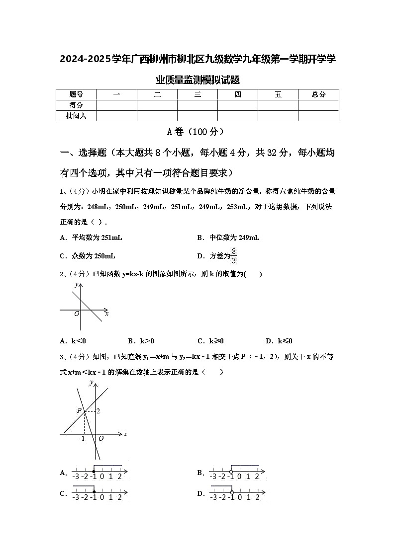 2024-2025学年广西柳州市柳北区九级数学九年级第一学期开学学业质量监测模拟试题【含答案】01