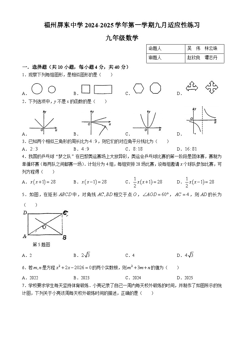福建省福州屏东中学2024-2025学年九年级上学期九月月考数学试题第1页