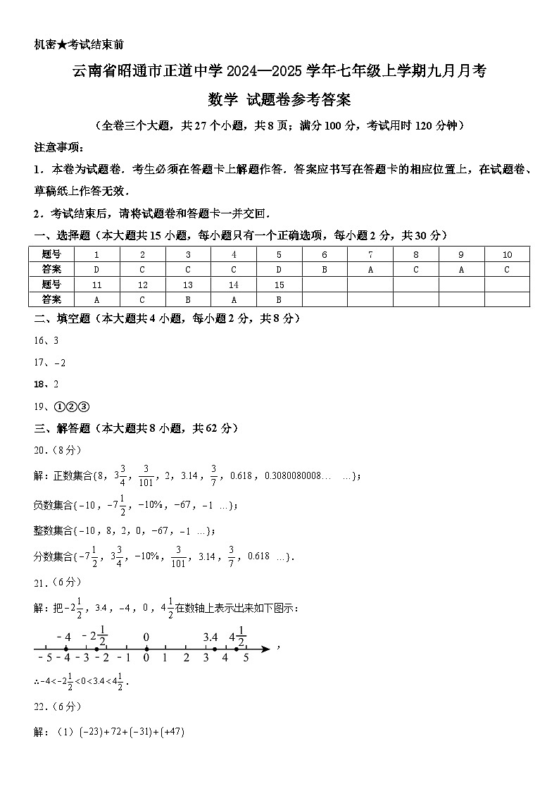 云南省昭通市正道中学2024—2025学年七年级上学期九月月考数学试题卷参考答案docx第1页