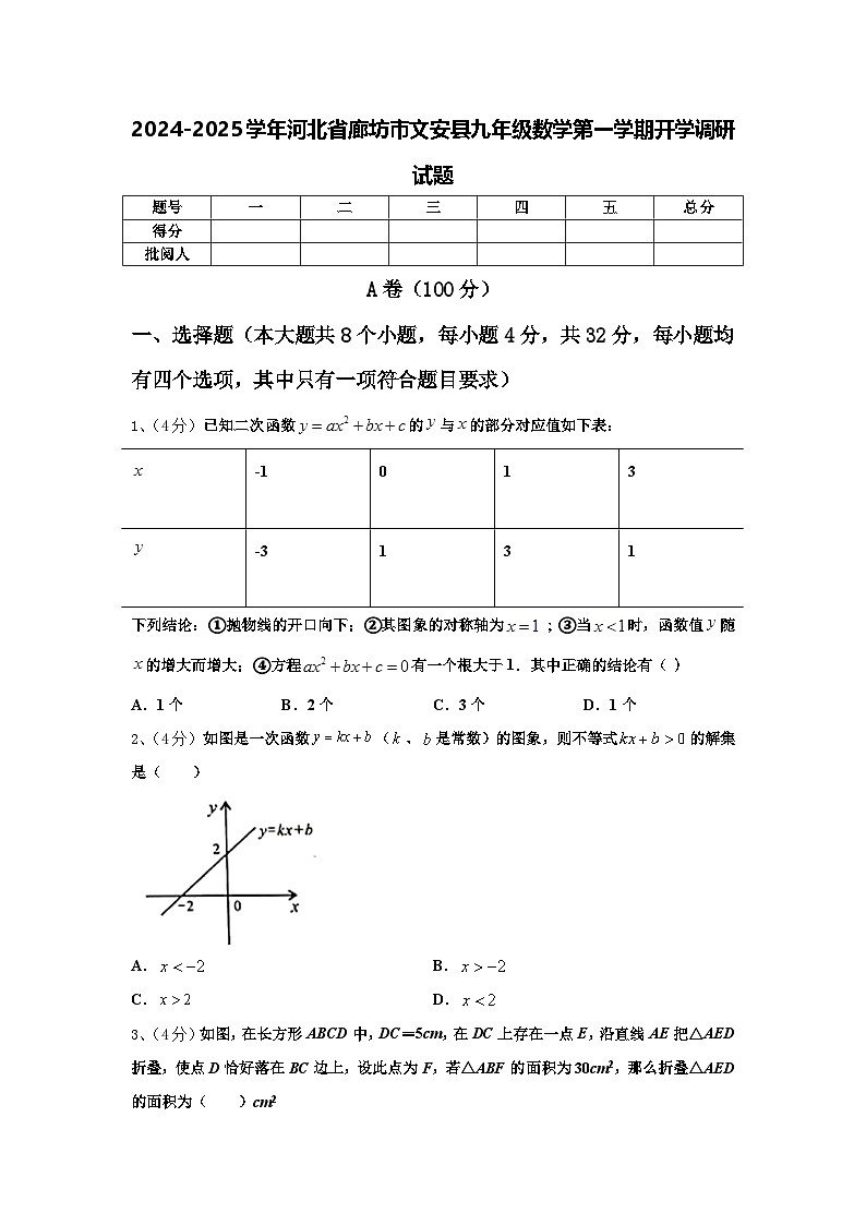 2024-2025学年河北省廊坊市文安县九年级数学第一学期开学调研试题【含答案】第1页