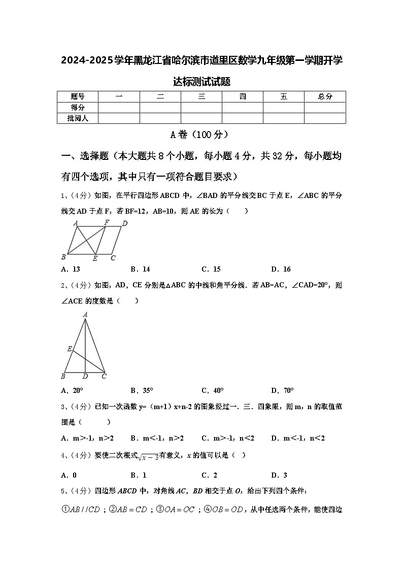 2024-2025学年黑龙江省哈尔滨市道里区数学九年级第一学期开学达标测试试题【含答案】01