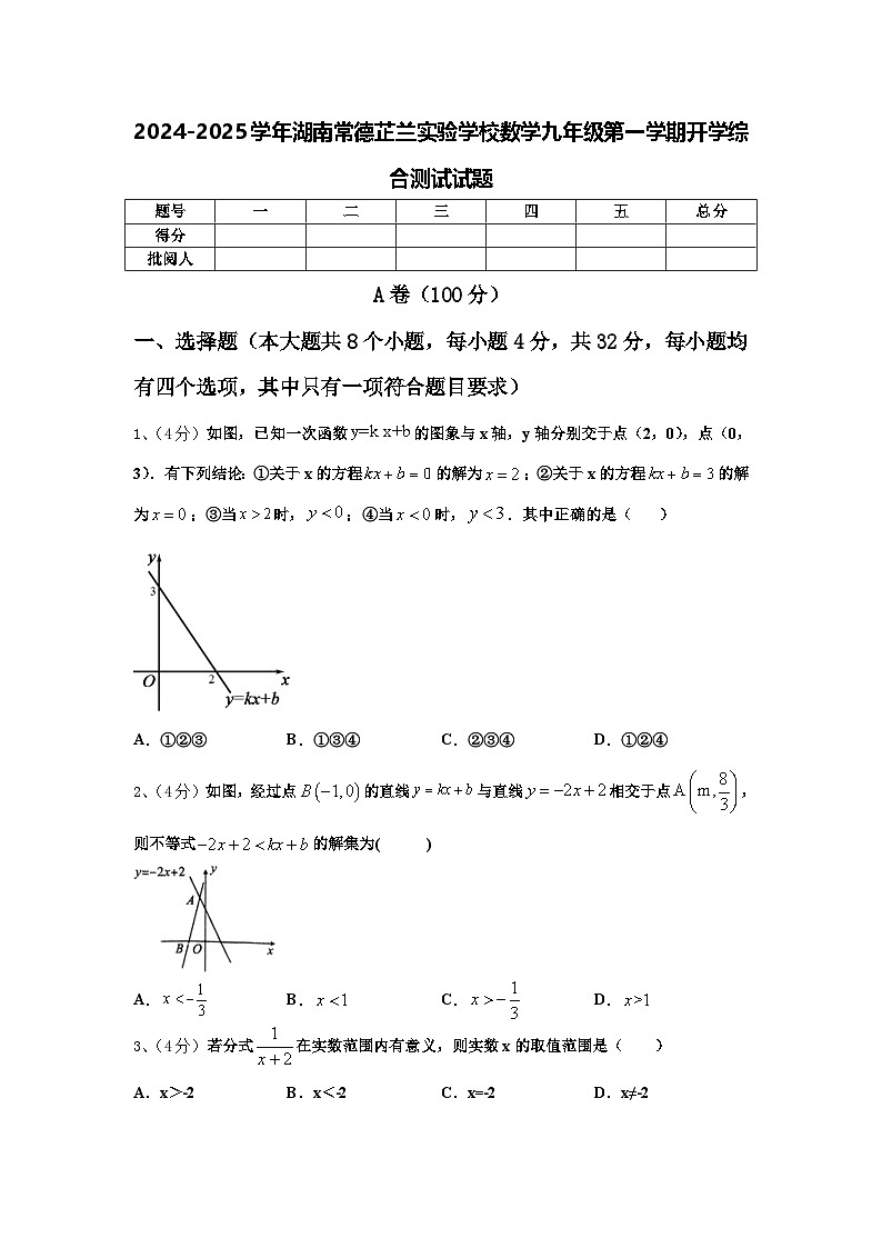 2024-2025学年湖南常德芷兰实验学校数学九年级第一学期开学综合测试试题【含答案】第1页