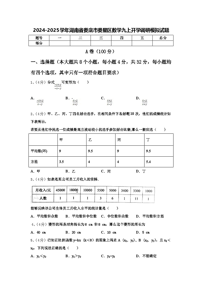 2024-2025学年湖南省娄底市娄星区数学九上开学调研模拟试题【含答案】第1页