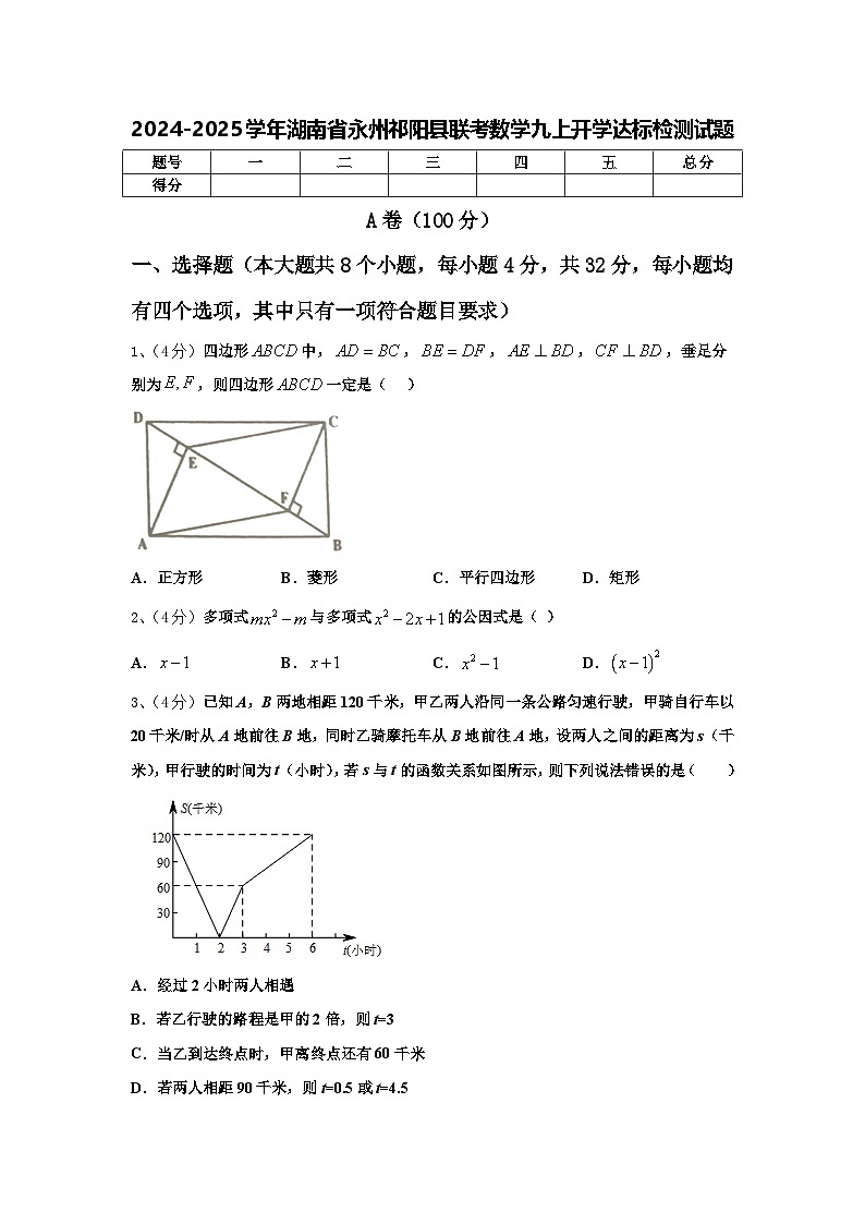 2024-2025学年湖南省永州祁阳县联考数学九上开学达标检测试题【含答案】第1页