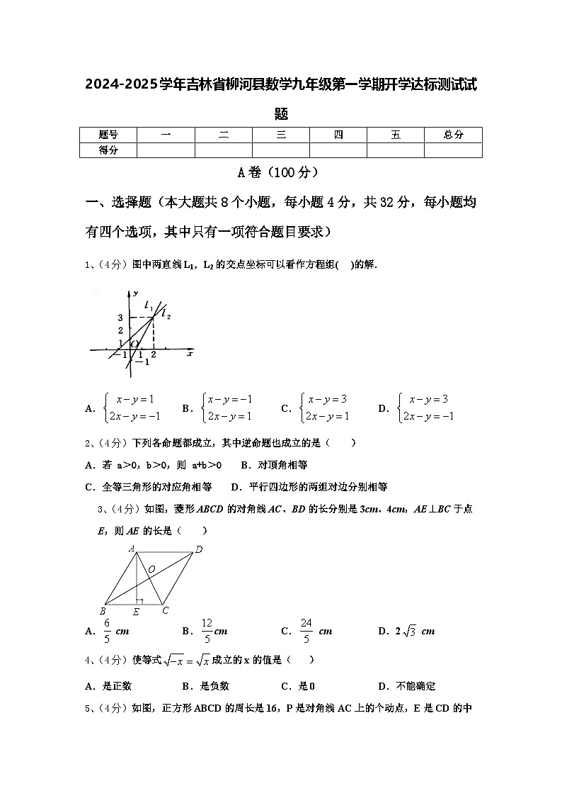2024-2025学年吉林省柳河县数学九年级第一学期开学达标测试试题【含答案】第1页