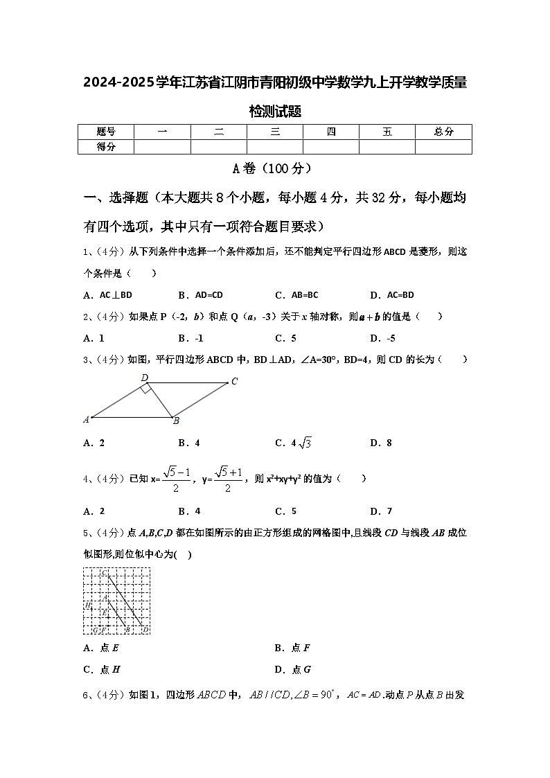 2024-2025学年江苏省江阴市青阳初级中学数学九上开学教学质量检测试题【含答案】01