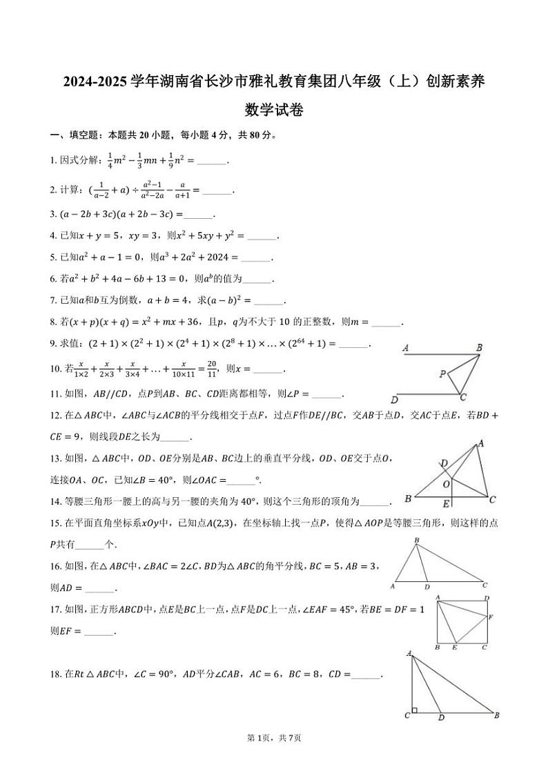 [数学]2024～2025学年湖南省长沙市雅礼教育集团八年级(上)创新素养月考试卷(有答案)第1页
