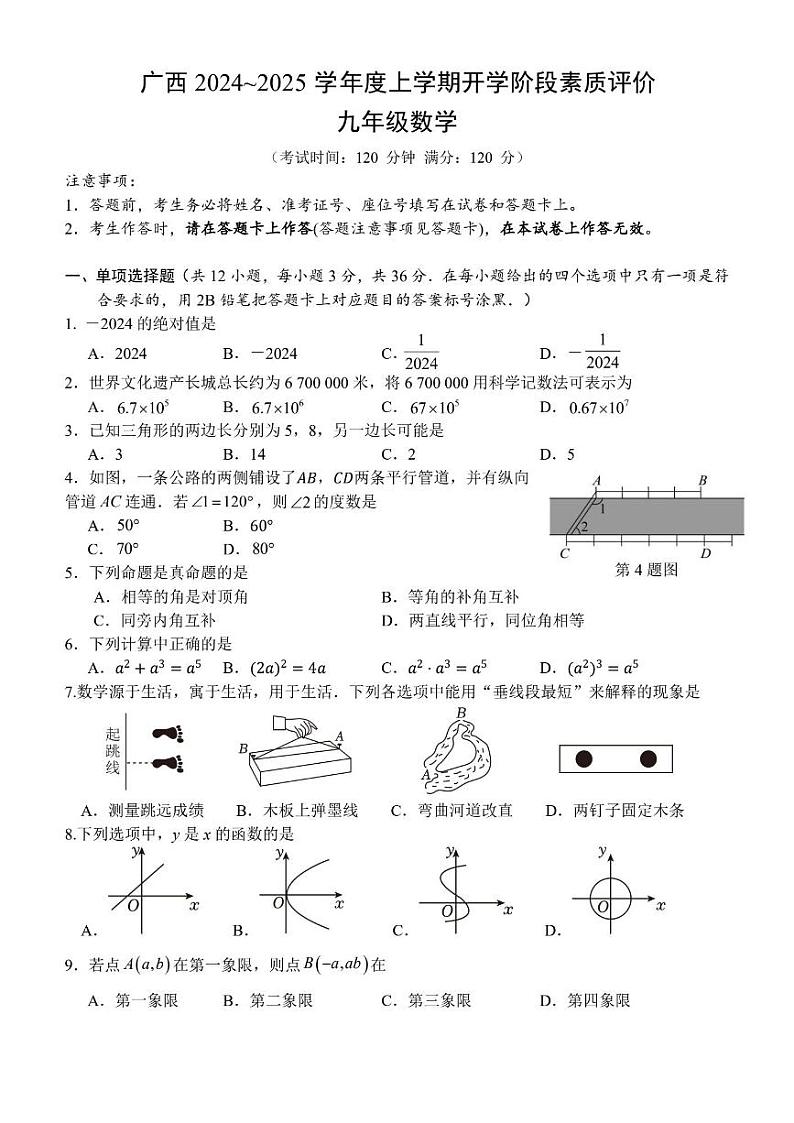 广西南宁市良庆区银海三雅学校2024-2025学年九年级上学期开学考数学试题第1页