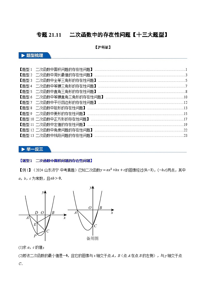 沪科版2024-2025学年九年级数学上册精品题型特训专题21.11二次函数中的存在性问题【十三大题型】(学生版+解析)01