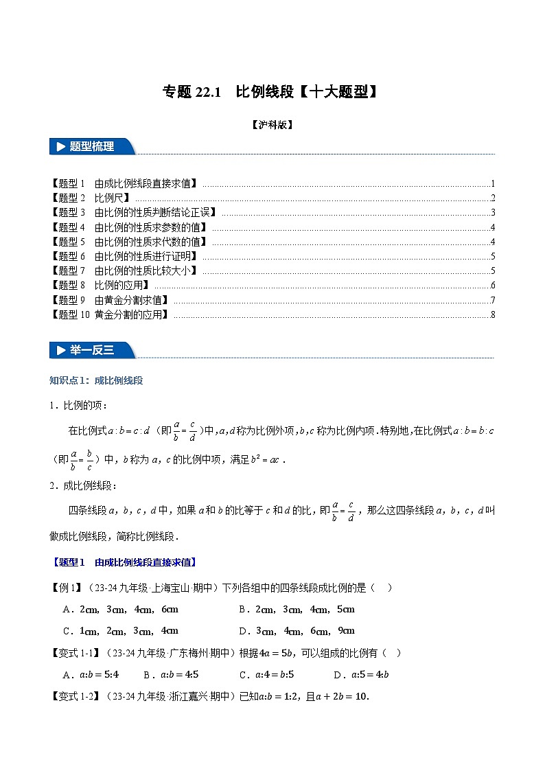 沪科版2024-2025学年九年级数学上册精品题型特训专题22.1比例线段【十大题型】(学生版+解析)第1页