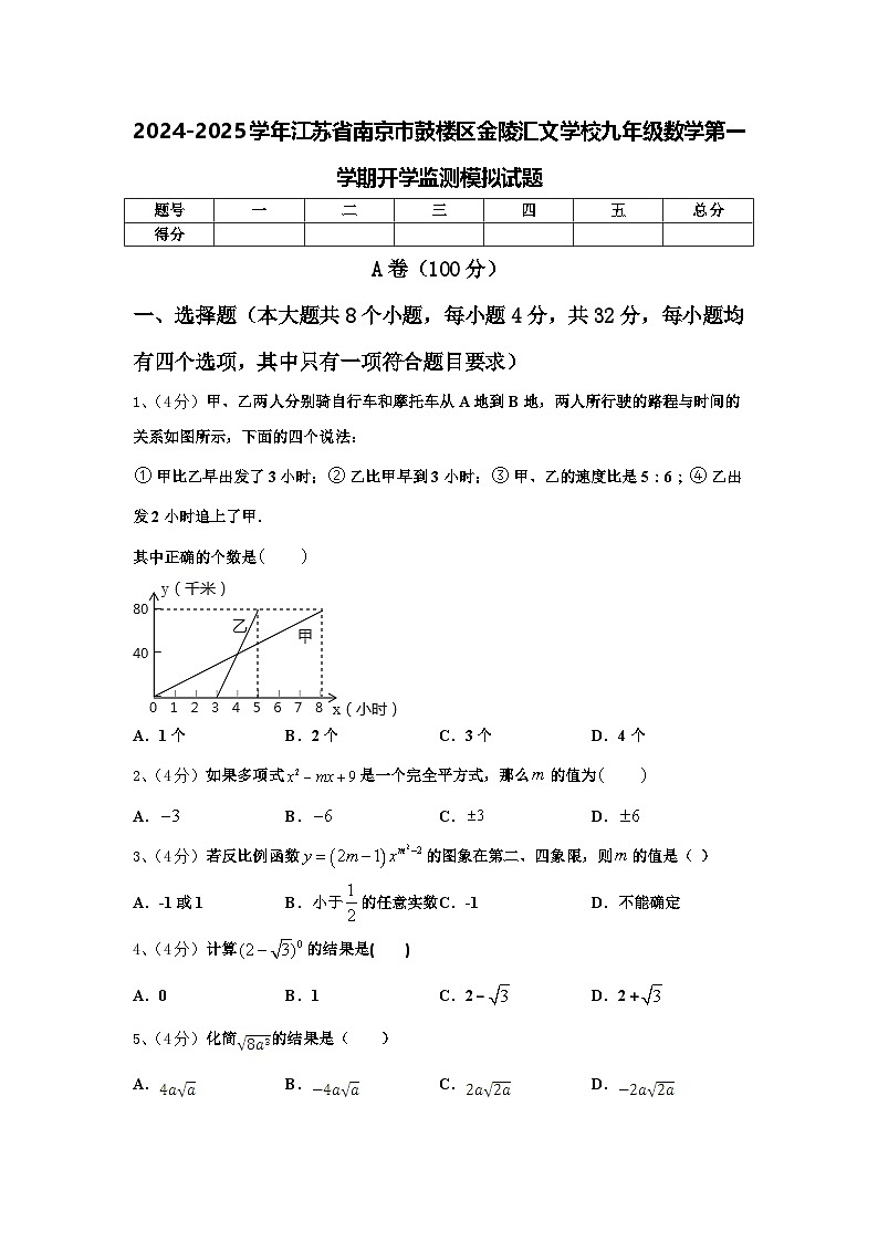 2024-2025学年江苏省南京市鼓楼区金陵汇文学校九年级数学第一学期开学监测模拟试题【含答案】第1页