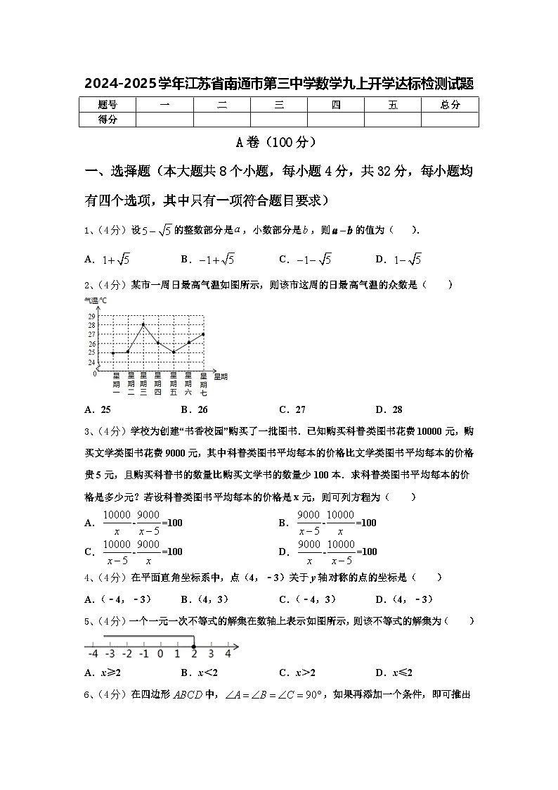2024-2025学年江苏省南通市第三中学数学九上开学达标检测试题【含答案】第1页