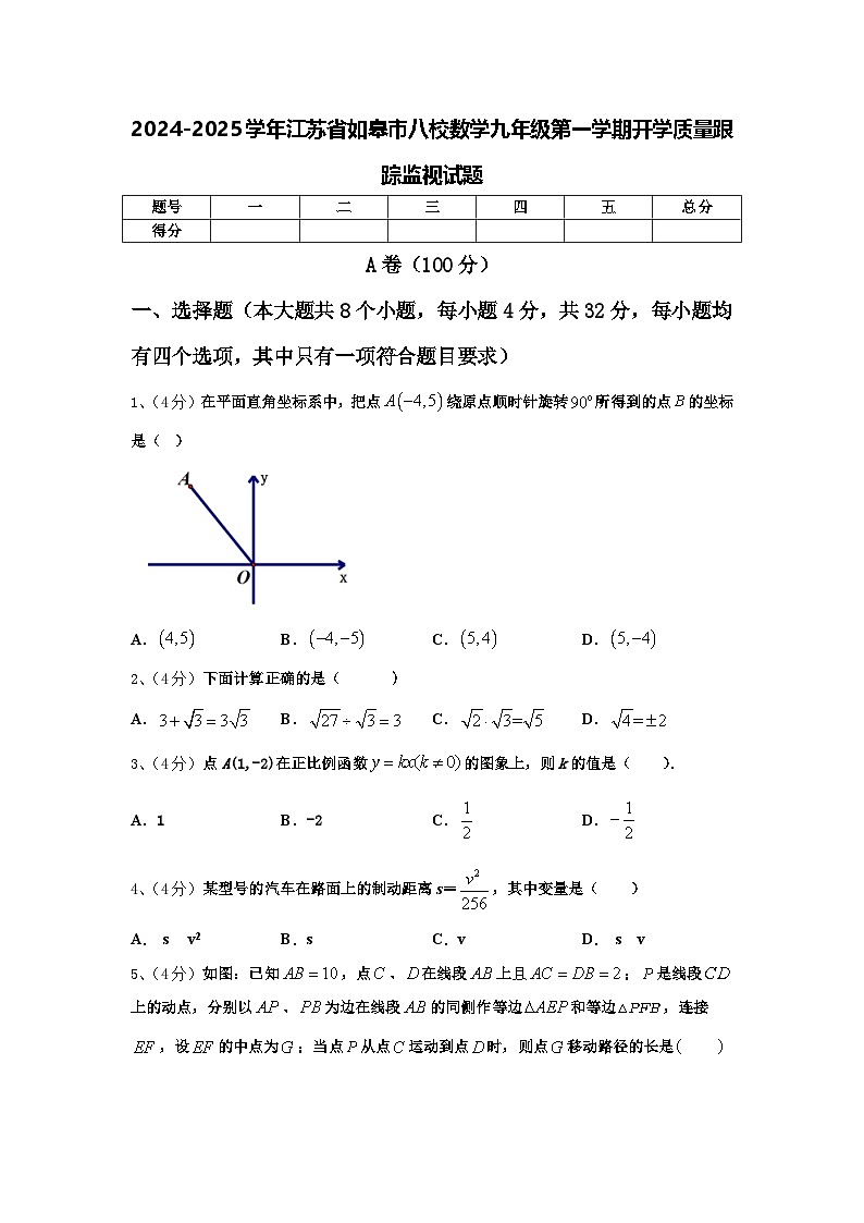 2024-2025学年江苏省如皋市八校数学九年级第一学期开学质量跟踪监视试题【含答案】01