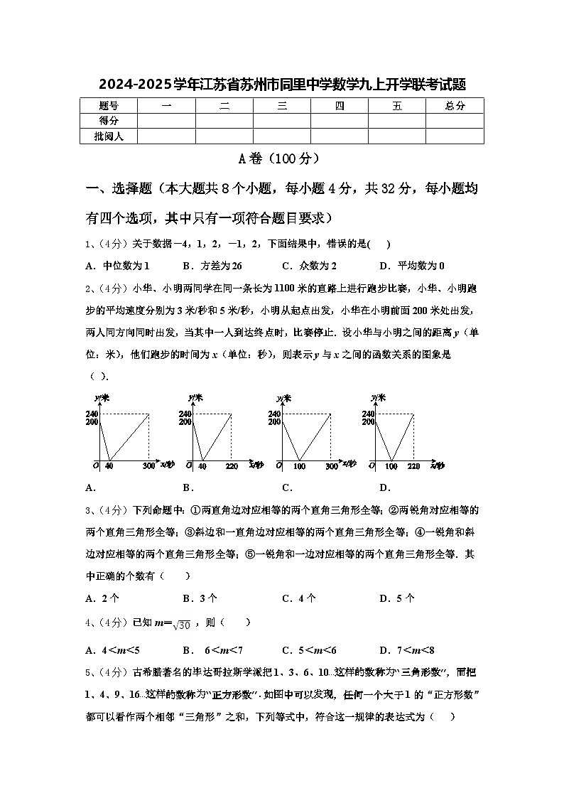 2024-2025学年江苏省苏州市同里中学数学九上开学联考试题【含答案】第1页