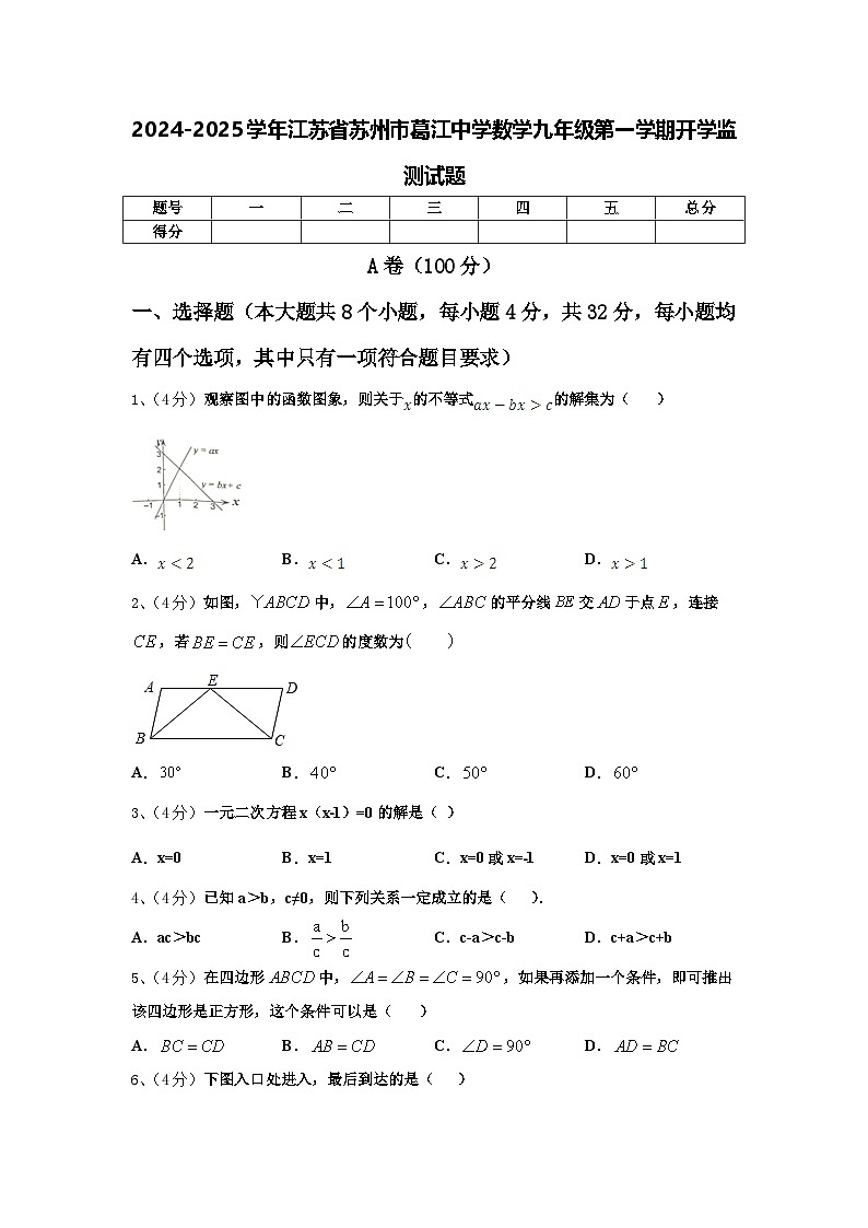 2024-2025学年江苏省苏州市葛江中学数学九年级第一学期开学监测试题【含答案】第1页