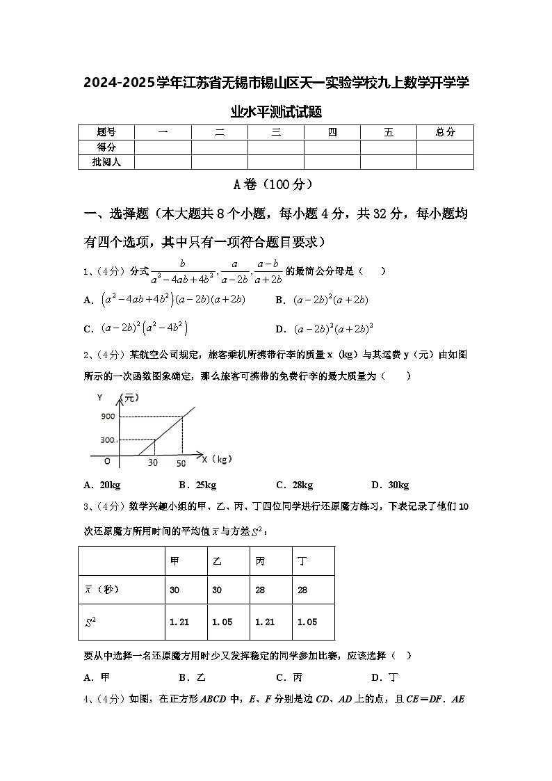 2024-2025学年江苏省无锡市锡山区天一实验学校九上数学开学学业水平测试试题【含答案】01