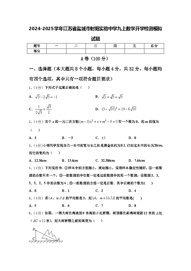 2024-2025学年江苏省盐城市射阳实验中学九上数学开学检测模拟试题【含答案】01