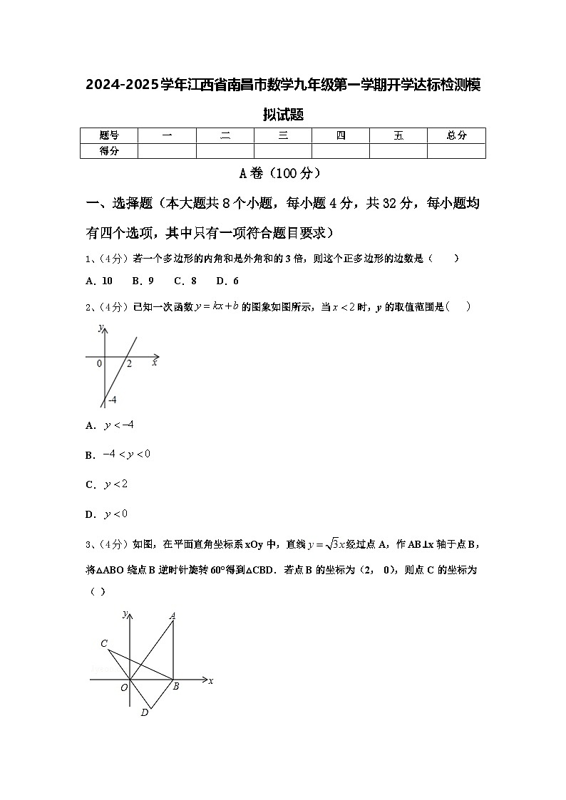 2024-2025学年江西省南昌市数学九年级第一学期开学达标检测模拟试题【含答案】01