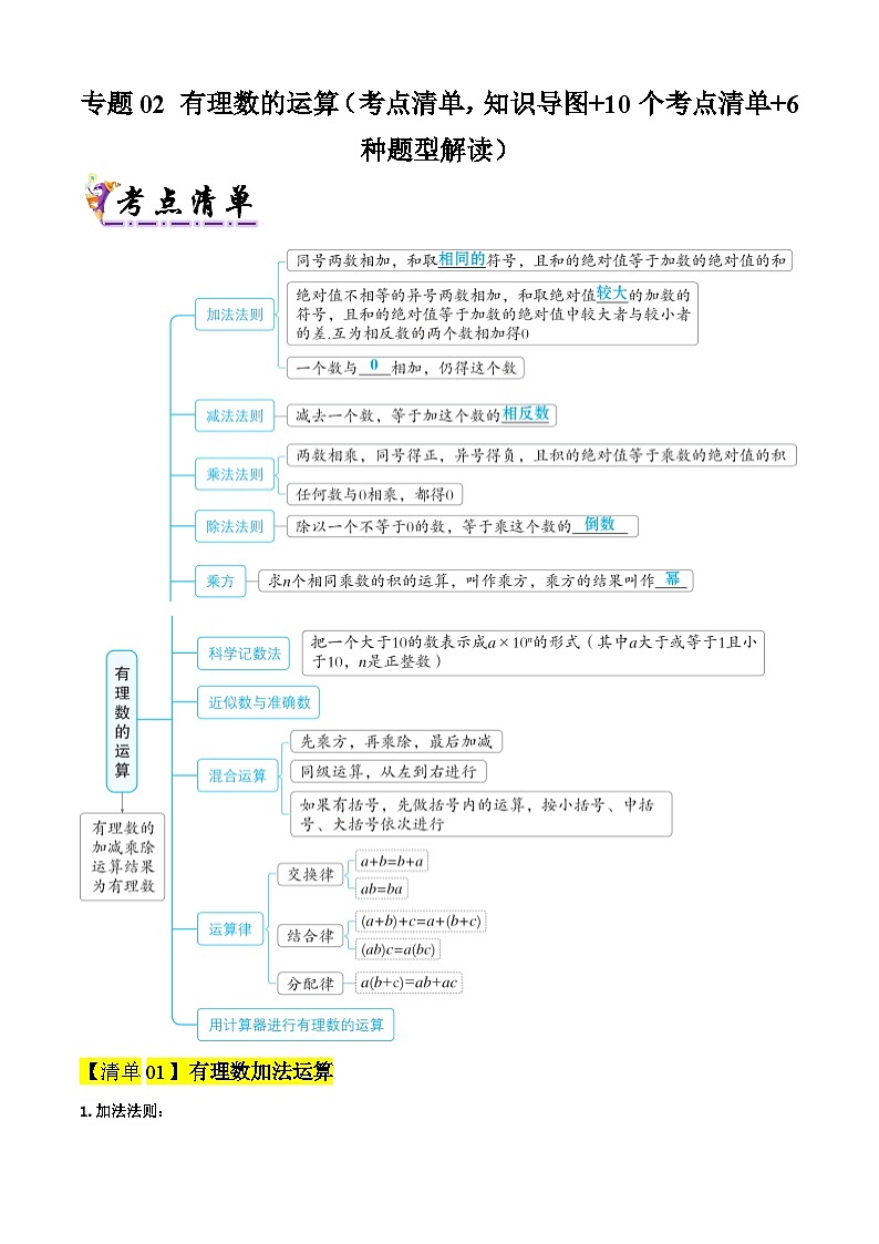 专题02 有理数的运算（考点清单，知识导图+10个考点清单+6种题型解读）原卷版第1页