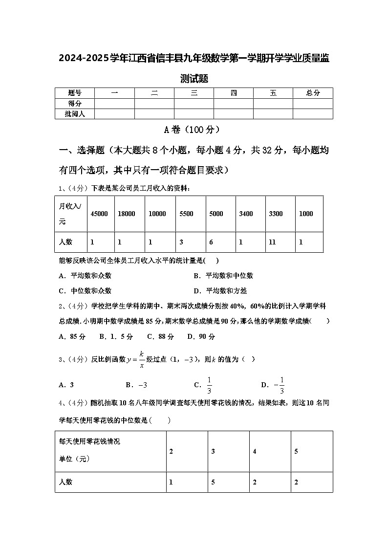 2024-2025学年江西省信丰县九年级数学第一学期开学学业质量监测试题【含答案】01