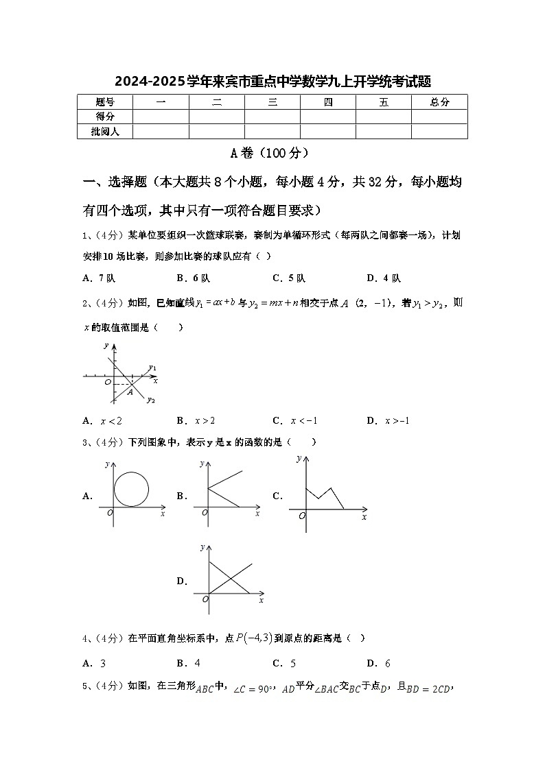 2024-2025学年来宾市重点中学数学九上开学统考试题【含答案】第1页